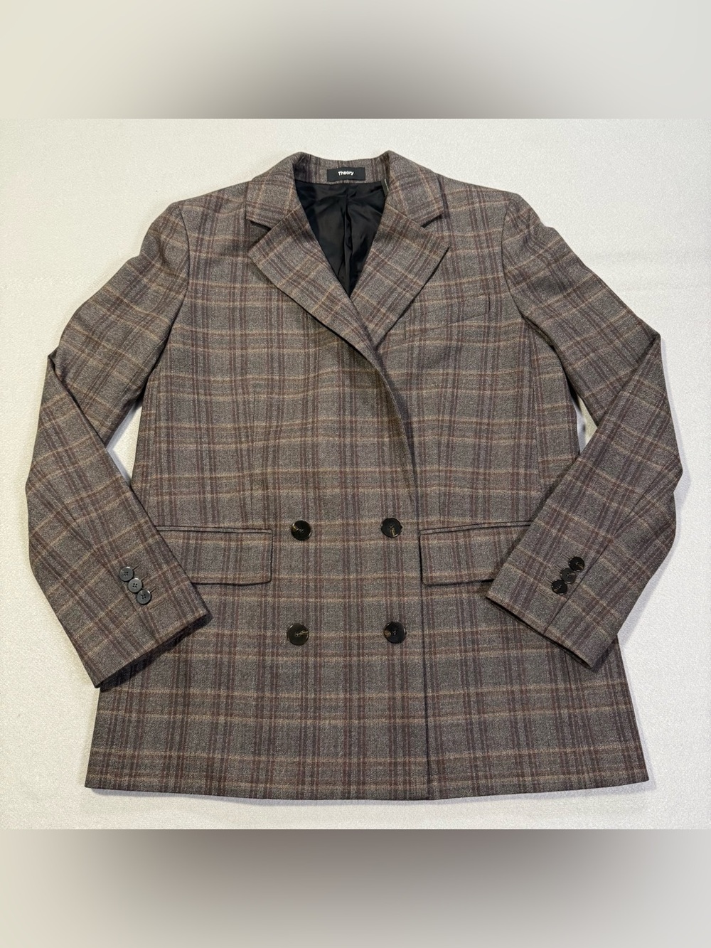 Theory Plaid Double Breasted Blazer Womens Gray Brown Wool Career Jacket Size 8